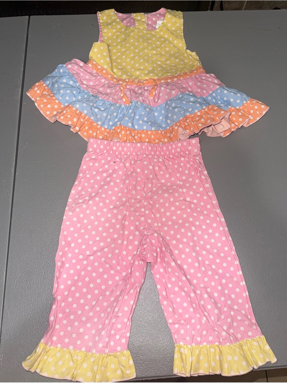 Girls Polka Dot Ruffle Capri Set - Pink, Yellow, Blue & Orange